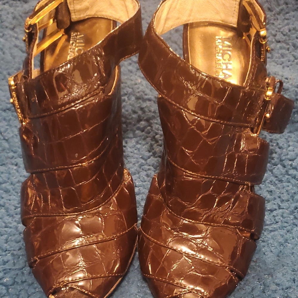 Michael Kors Brown Snakeskin Open Toe Ankle Sling 4" Heel Sandals